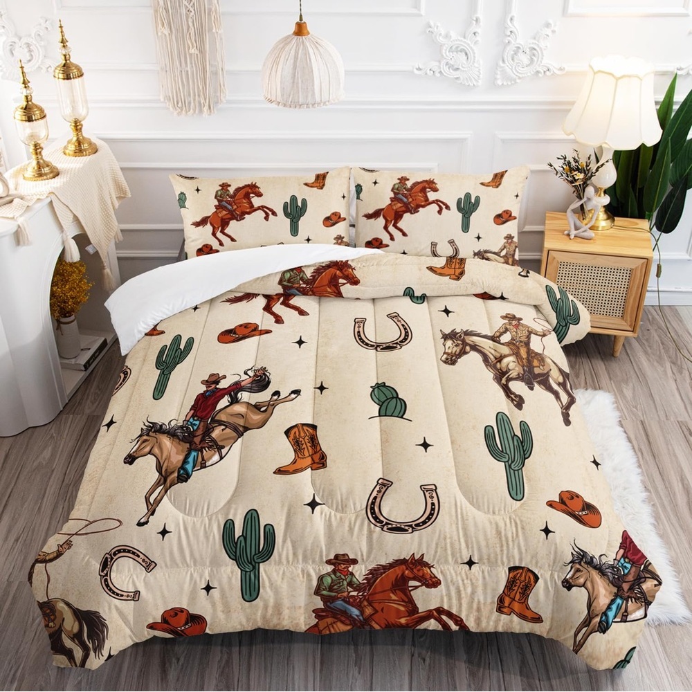 Western Cowboy Comforter Set Full Size, Rodeo Riding Bull With Cacti Set 3-Piece